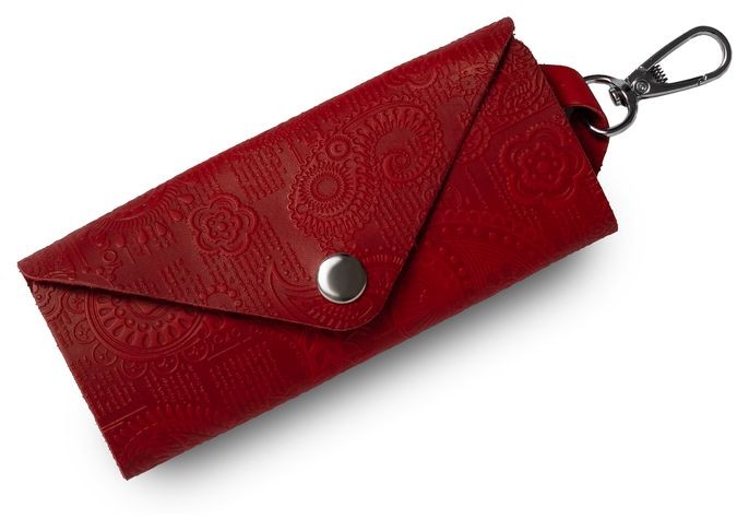 Футляр д/ключей нат. кожа 135×50×65 красная "Индийский орнамент"