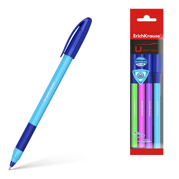 Ручка шар. синяя 1,0мм "U-109 Neon Stick&Grip" 4шт в пакете /12/
